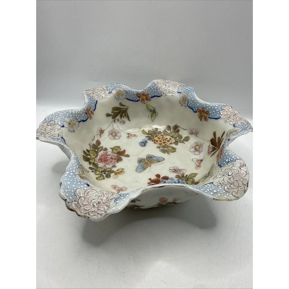 Vintage D&M NY Asian Style Porcelain Satsuma Cabbage Bowl Stamped Scalloped